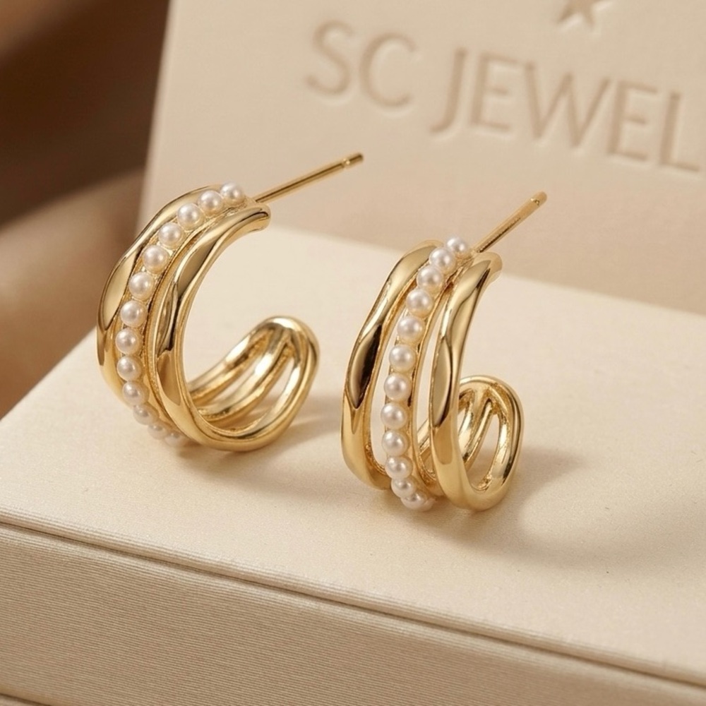 Claw Earrings 14k Gold Plated Huggie Earrings Pearl 925 Sterling